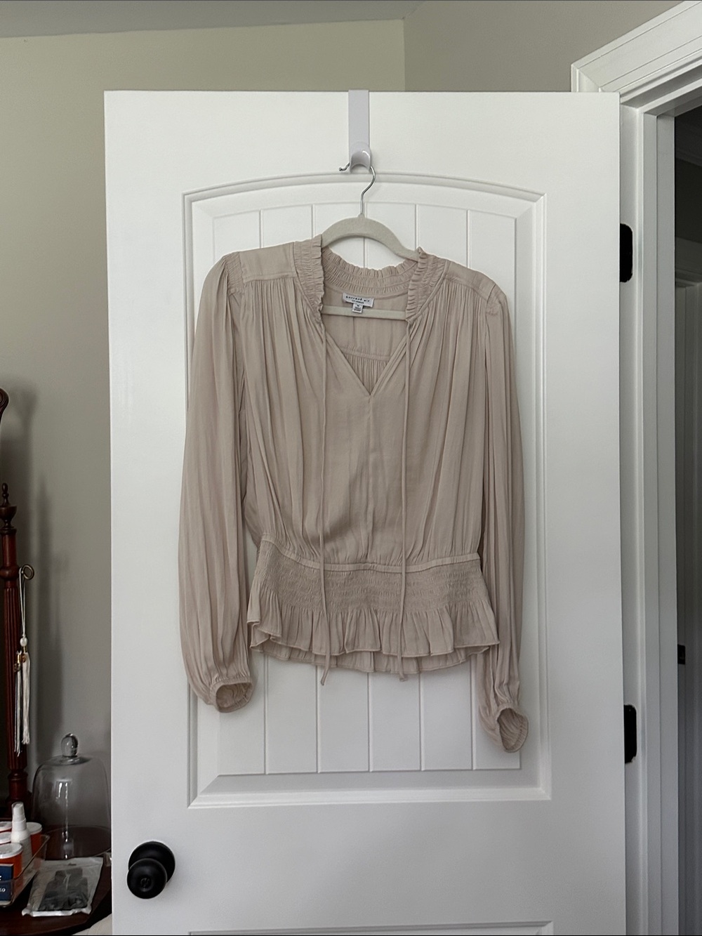 Light Taupe Peplum Long-Sleeve Blouse